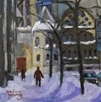 807 Montreal Winter, Crescent Street, 6x6, oil - Posted on Tuesday, November 18, 2014 by Darlene Young