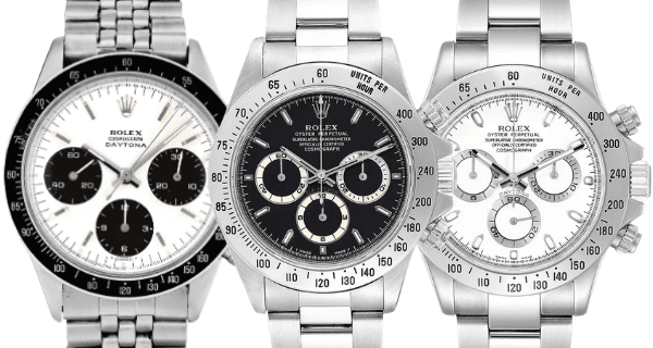  First, second, and third generation steel Rolex Cosmograph Daytonas: ref 6240, ref 16520 and ref 116520.