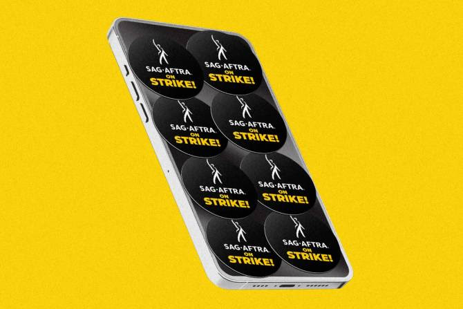 "SAG-AFTRA on Strike!" stickers all over iPhone.
