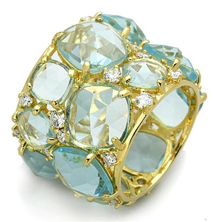 LOS766 - Gold 925 Sterling Silver Ring with Synthetic Synthetic Glass in Sea Blue