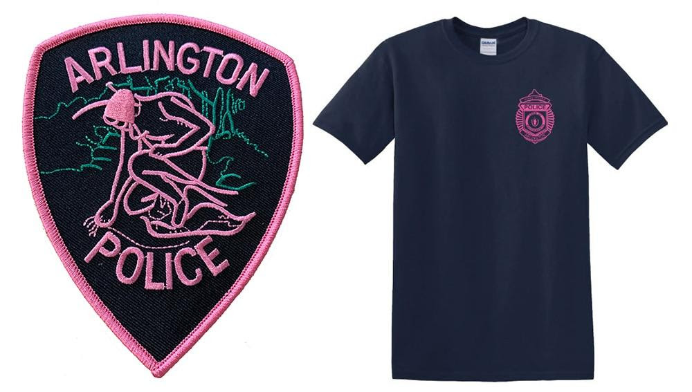 Pink Arlington Police Department patches and breast cancer awareness T-shirts were offered by the Arlington Police Relief Association to raise funds for The Sanborn Foundation. (Photo Courtesy Arlington Police Department)