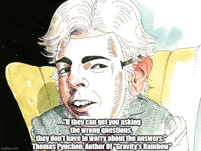 "If they can get you asking the wrong questions, 
they don't have to worry about the answers." 
Thomas Pynchon, Author Of "Gravity's Rainbow" | made w/ Imgflip meme maker