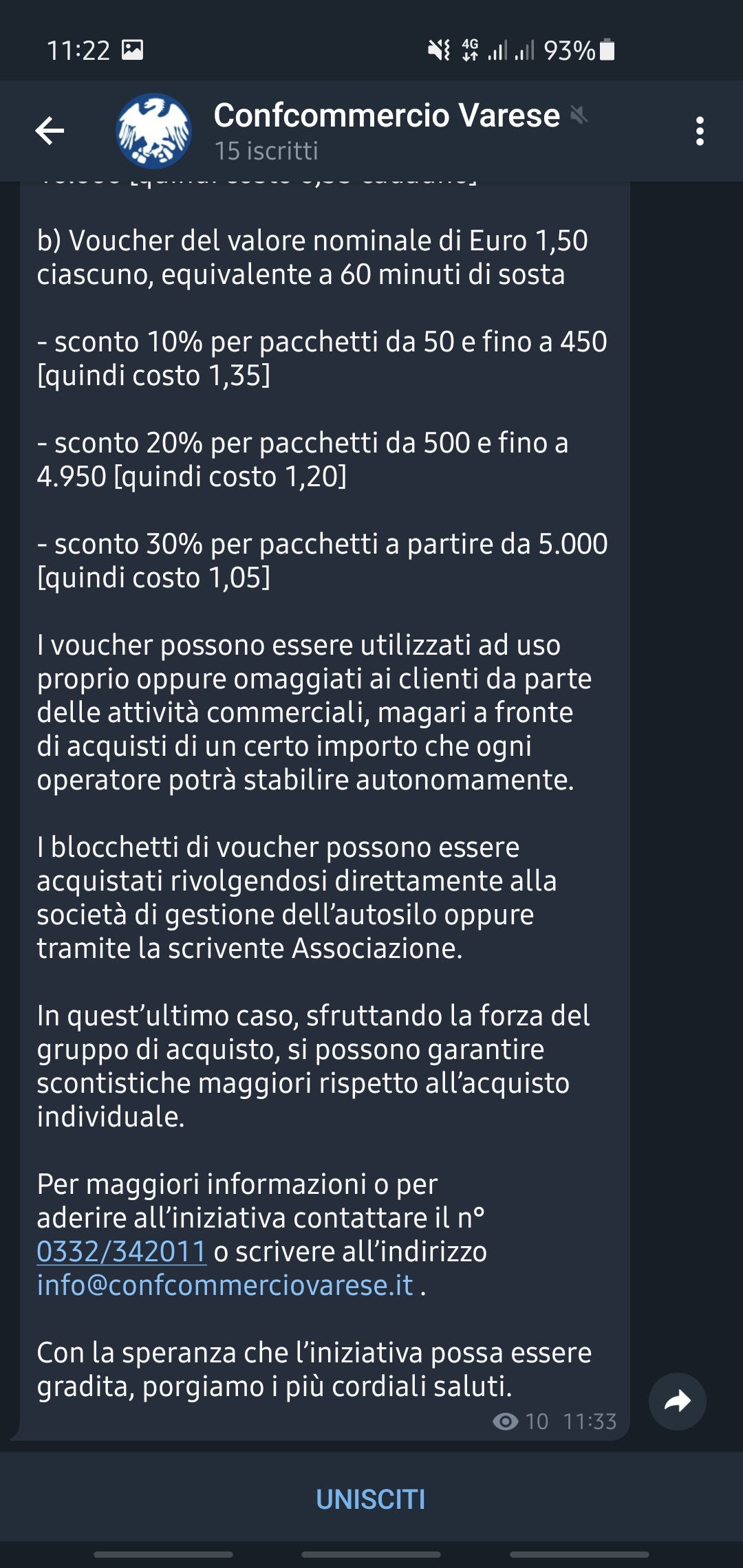 Telegram adesione gruppo Confcommercio