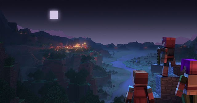 Minecraft Dungeons player characters stand on a clifftop overlooking a distant village.