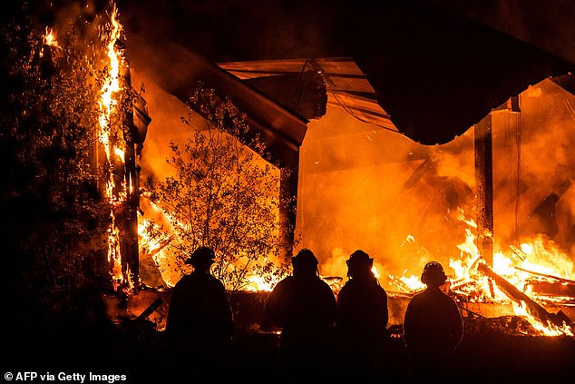 Die Propaganda von ISIS entspricht oft dem
                      westlichen Elend des Tages und Waldbrände haben
                      kürzlich in Kalifornien gewütet (im Bild:
                      Feuerwehrleute sehen zu, wie eine Struktur während
                      des Kincade-Feuers vom Highway 128, östlich von
                      Healdsburg, Kalifornien, am 29. Oktober, brennt).