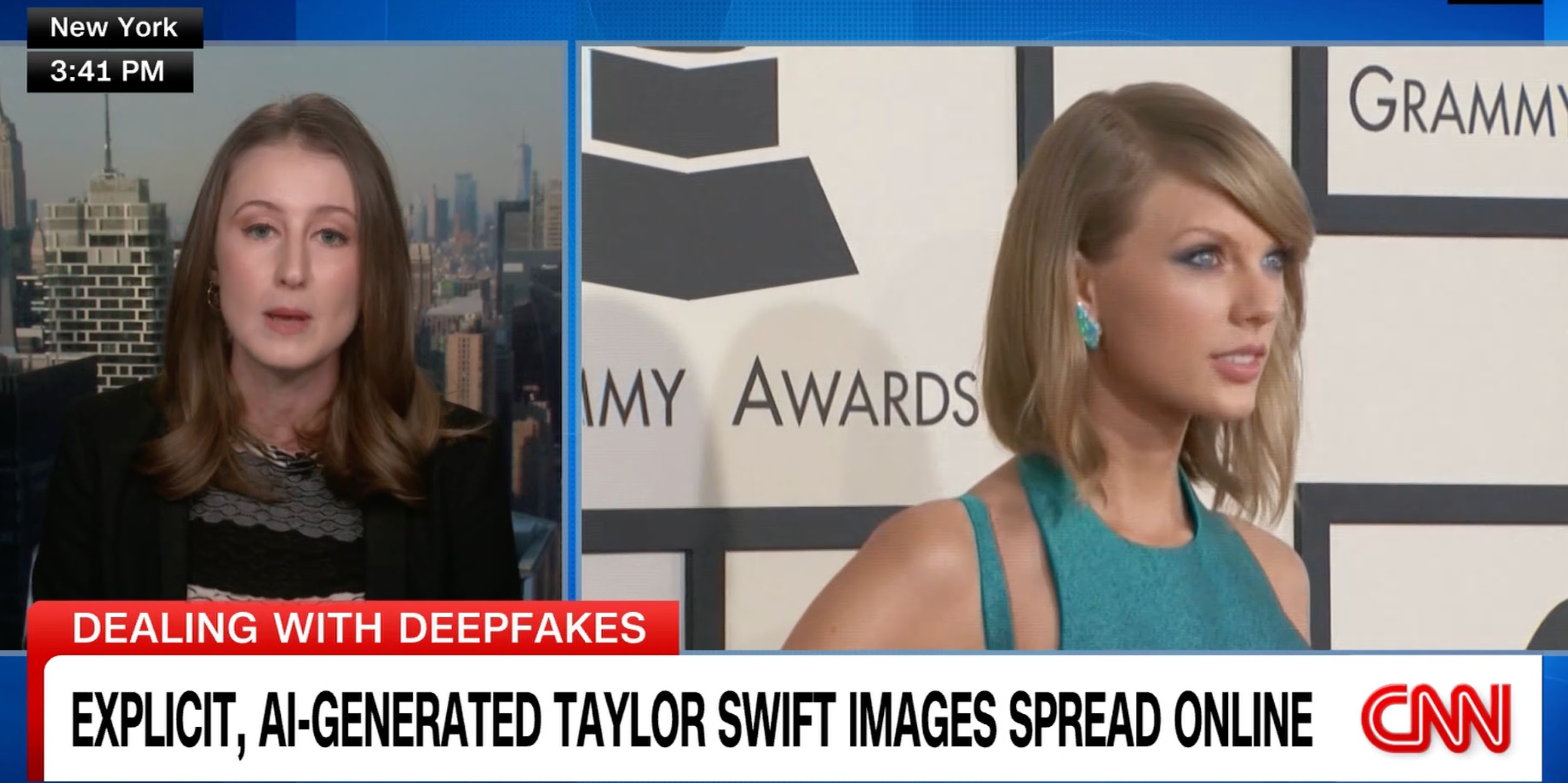 A CNN broadcast showing a photo of Taylor Swift at the Grammy Awards with the headline ''EXPLICIT, AI-GENERATED TAYLOR SWIFT IMAGES SPREAD ONLINE''