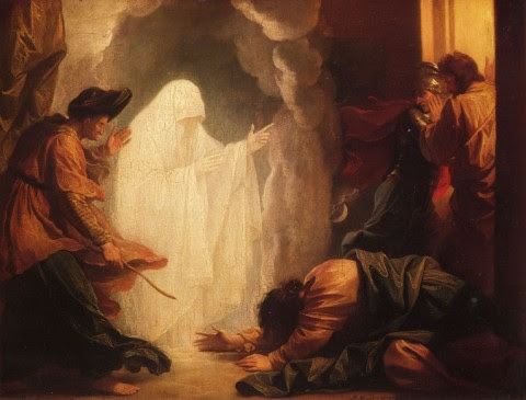 Bức họa miêu tả cuộc gặp gỡ của vua Saul với phù thủy xứ Endor. Tranh vẽ của Benjamin West, năm 1777. (Nguồn: Wikimedia Commons)