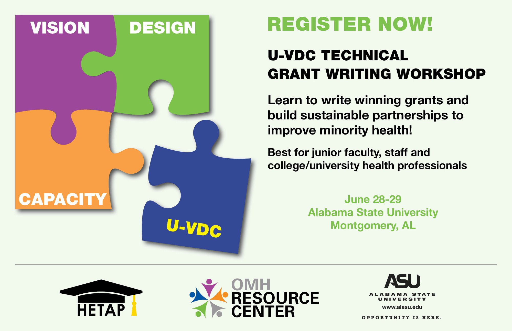 Vision Design Capacity U-VDC Technical Grant Writing Workshop June 28-29 Alabama State University Montgomery AL  Click to Register Now