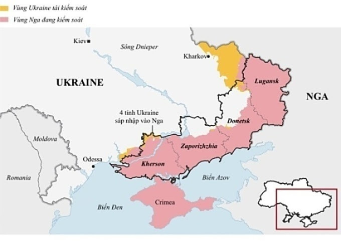 Những khu vực Nga đang kiểm soát trong 4 tỉnh trưng cầu dân ý sáp nhập vào lãnh thổ Nga. Đồ họa: Guardian.