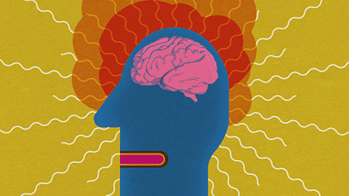 animation of the silhouette of a head with the brain visible and waves coming out of it.