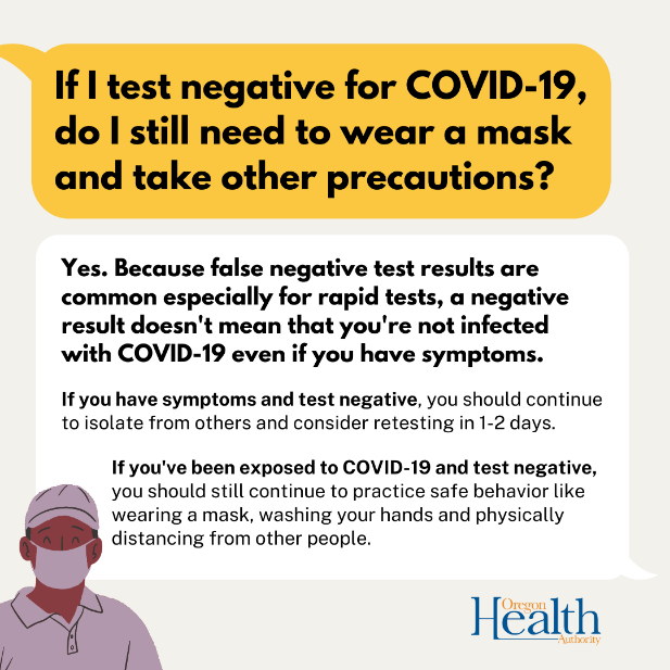 Infographic says if you test negative for COVID-19 but have symptoms, you should still wear a mask around others
