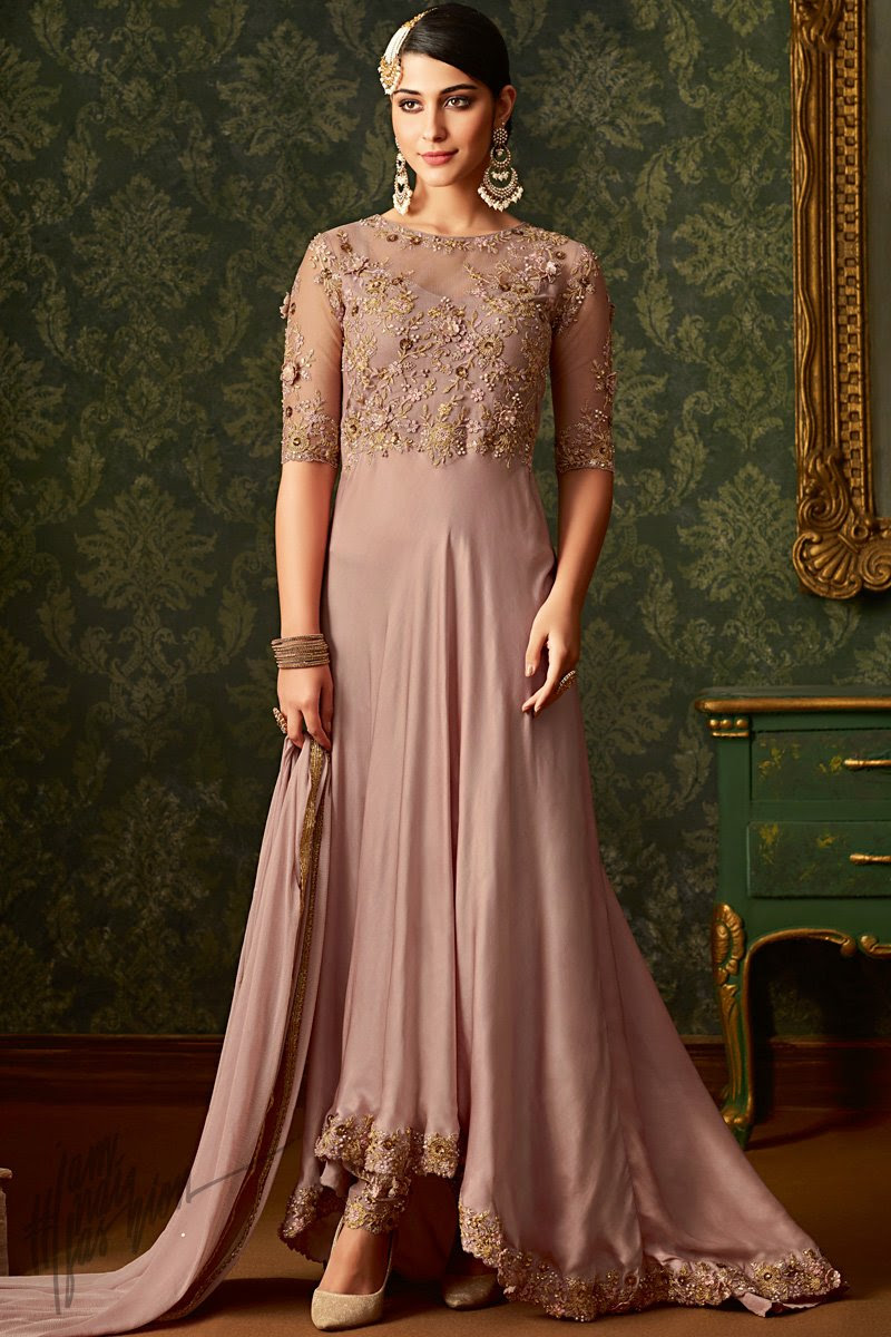 Rose Taupe Georgette and Net Party Wear Asymmetrical Suit