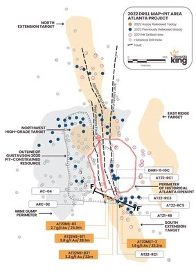 Figure 1. Location map for holes reported in this news release along section F-F’ relative to the perimeter of the historical Atlanta Pit and 2020 Gustavson pit shell. (CNW Group/Nevada King Gold Corp.)