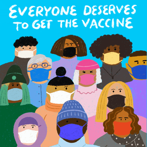 GIF of a group of people with the words "everyone deserves to get the vaccine" written