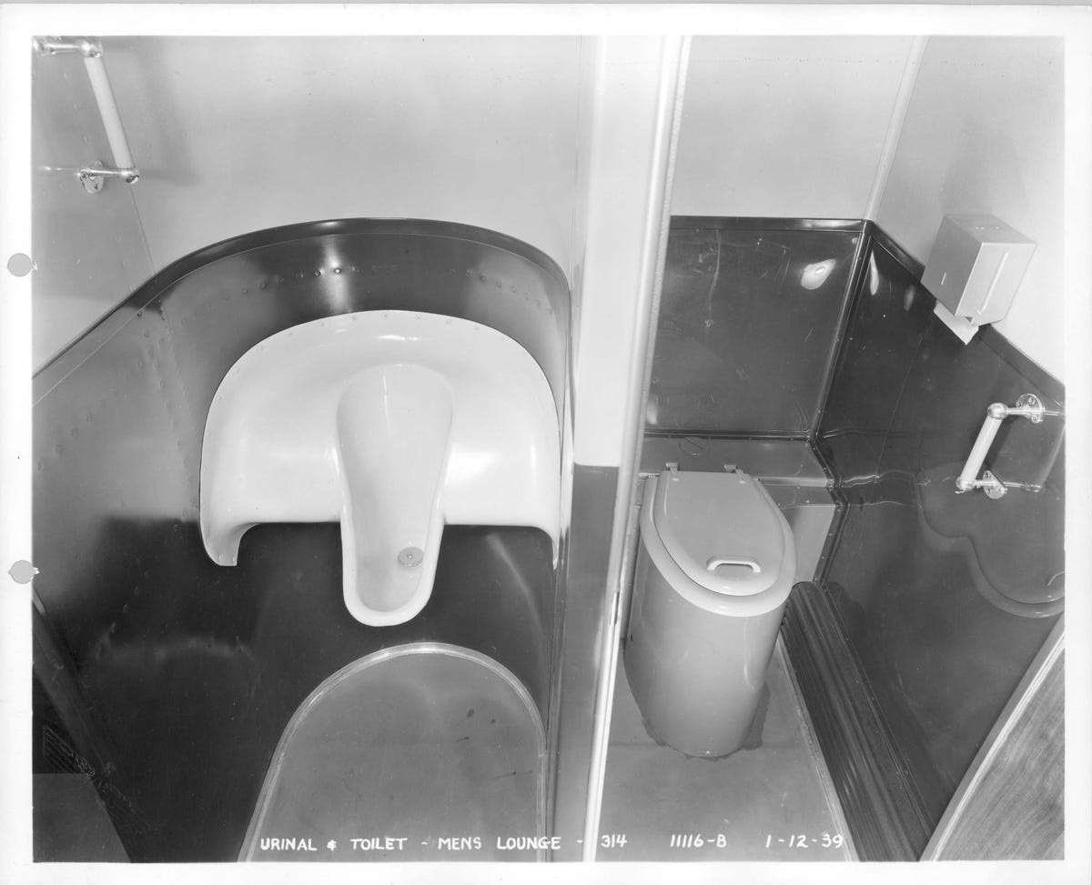 The                                                             lavatory                                                             wasn't too                                                             fancy, but it                                                             did have a                                                             urinal                                                             something you                                                             never see in                                                             today's                                                             commercial                                                             jets, where                                                             space is at a                                                               premium. 