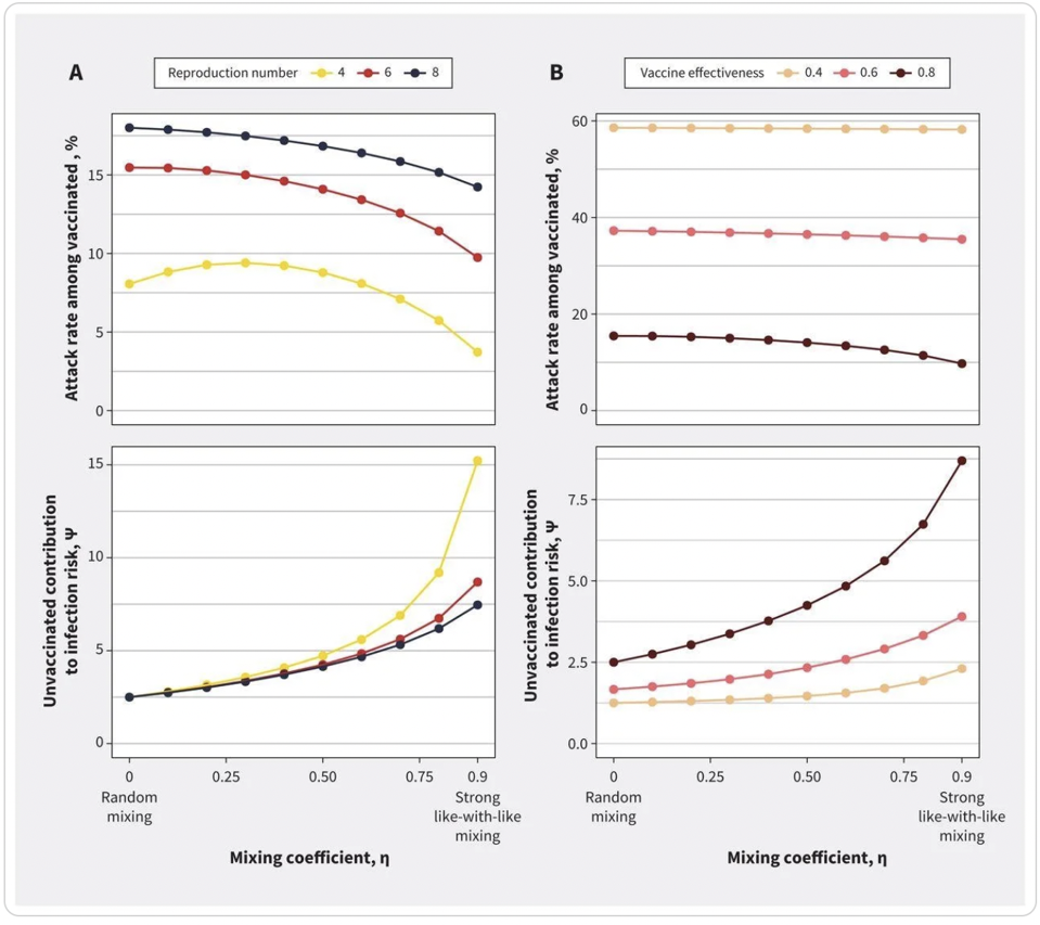 Impact of mixing between vaccinated and unvaccinated subpopulations on contribution to risk and final epidemic size