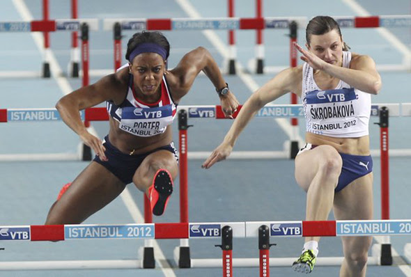 Tiffany Porter (Left) competes for Great Britain at the 2012 World Indoors in Turkey. (Photo Credit: AP)