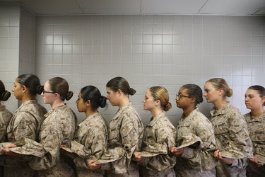 Marine recruits awaiting their lunch at boot camp at the Marine Corps Recruit Depot, Parris Island, in South Carolina in 2013.