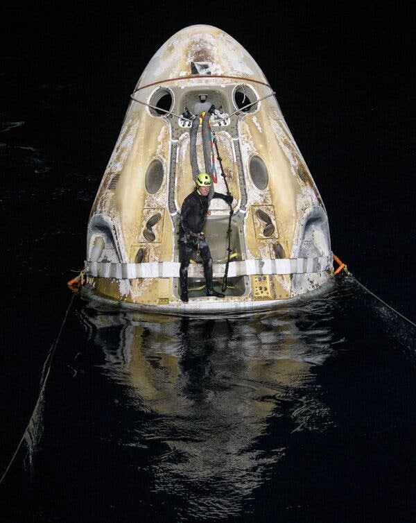 Technical teams secured a SpaceX Dragon capsule earlier this year after it splashed down in the Gulf of Mexico.
