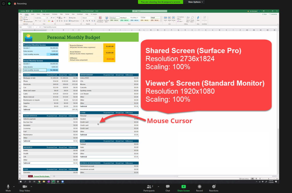 Screenshare Surface Pro at 100 percent scaling on Zoom Meeting Share Screen