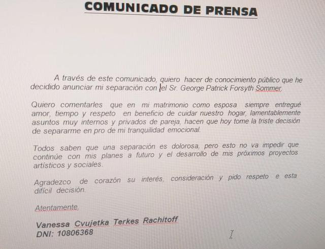 Comunicado de prensa de Vanessa Terkes. (Foto: Difusión)