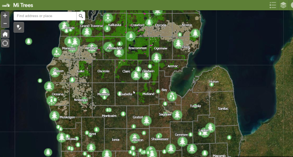 Mi Trees map shows the location where people have reported planting trees in Michigan. 