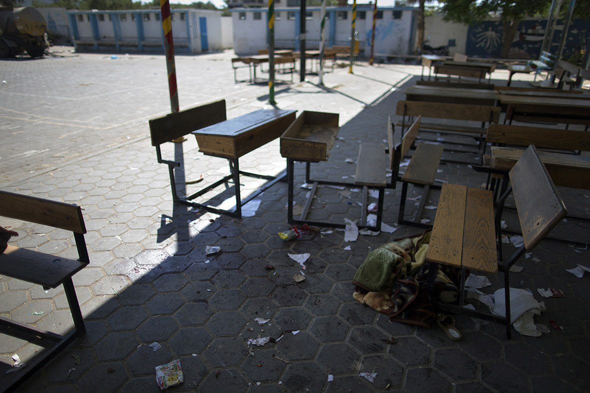 A trail of blood is seen in the courtyard of a UN School in Beit Hanoun after it was hit by an Israeli tank shell