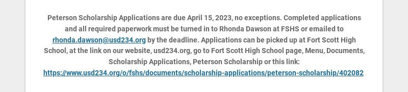 Peterson Scholarship Applications are due April 15, 2023, no exceptions. Completed applications...