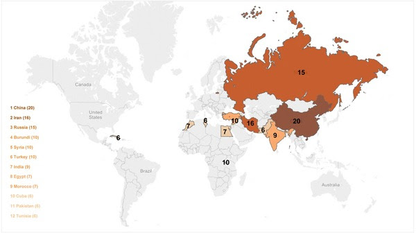 The top 10 countries the Freemuse registered as having serious violations of artistic freedom in 2015, including killings, abductions, attacks, threats and imprisonment