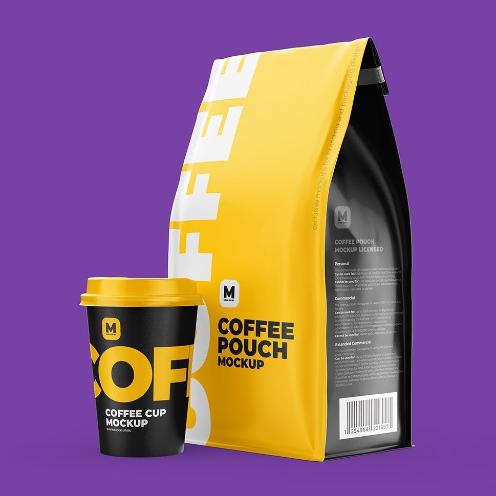 Coffee Pouch Mockup with cup Coffee packaging, Pouch packaging