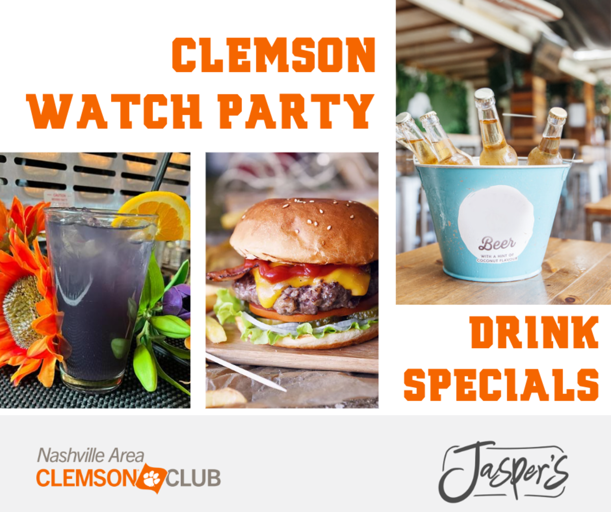Clemson Watch Party at Jaspers. Drink Specials