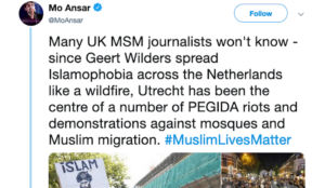Muslim “journalist” in UK blames Geert Wilders for Utrecht jihad massacre
