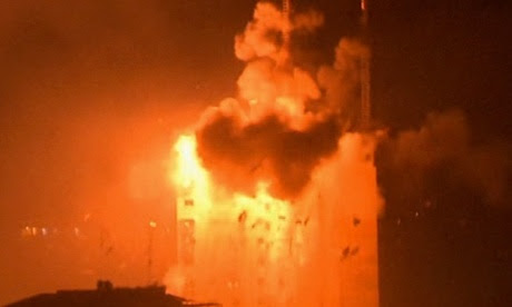 An explosion hits the media complex that houses the offices of Hamas-run al-Aqsa TV and radio as long as other Arab channels.