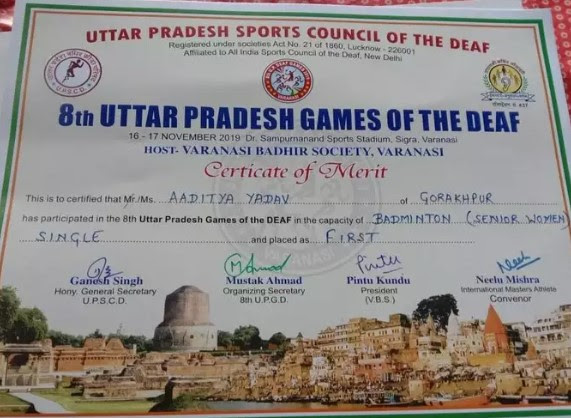 A certificate won by Aditya Yadav in a Uttar Pradesh Games of the Deaf badminton tournament