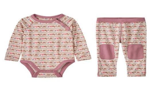 Capilene Midweight Base Layer Set in pink and white with “My Planet,” pink hearts and pink trim