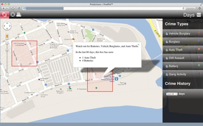 Le logiciel Predpol indique les zones à surveiller d’après l’analyse de l’historique des crimes dans la ville.