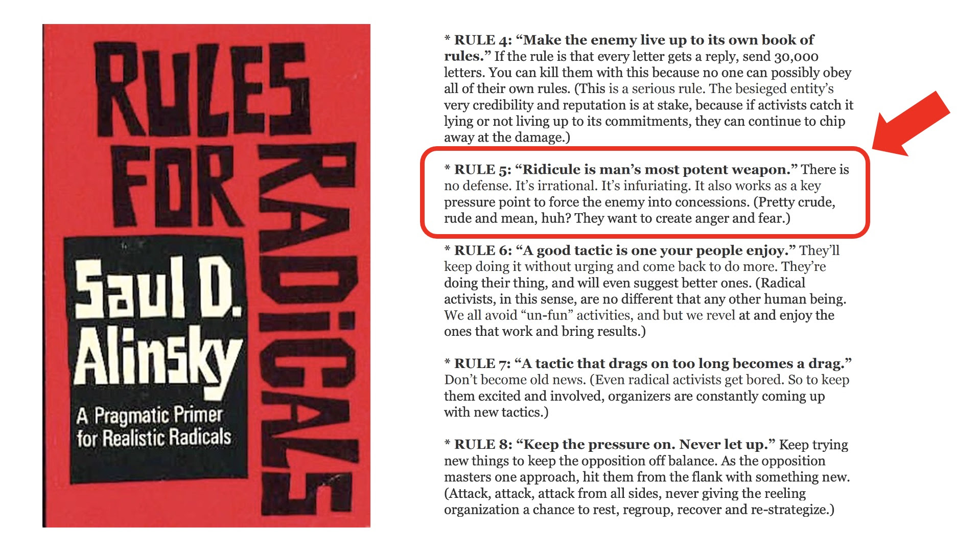 Saul Alinsky recommends using ridicule to call out hypocrisy and bring about change.