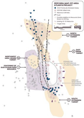 Figure 1. Atlanta Gold Mine Project map including footprint of the Gustavson 2020 NI 43-101 resource, historical drill holes, and Nevada King drill holes. See below detailed description of target zones 1-4. (CNW Group/Nevada King Gold Corp.)