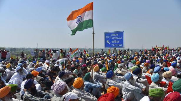  Farmers during 'Kisan Ekta Morcha' to mark the 100th day of the ongoing protests against the new farm reform laws, at KMP Expressway near Kundli in Haryana on Saturday, March 6, 2021 