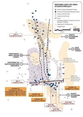 Figure 1. Location map for holes reported in this news release along Section 22-5N relative to the perimeter of the historical Atlanta Pit and the footprint of the Gustavson 2020 Resource. (CNW Group/Nevada King Gold Corp.)